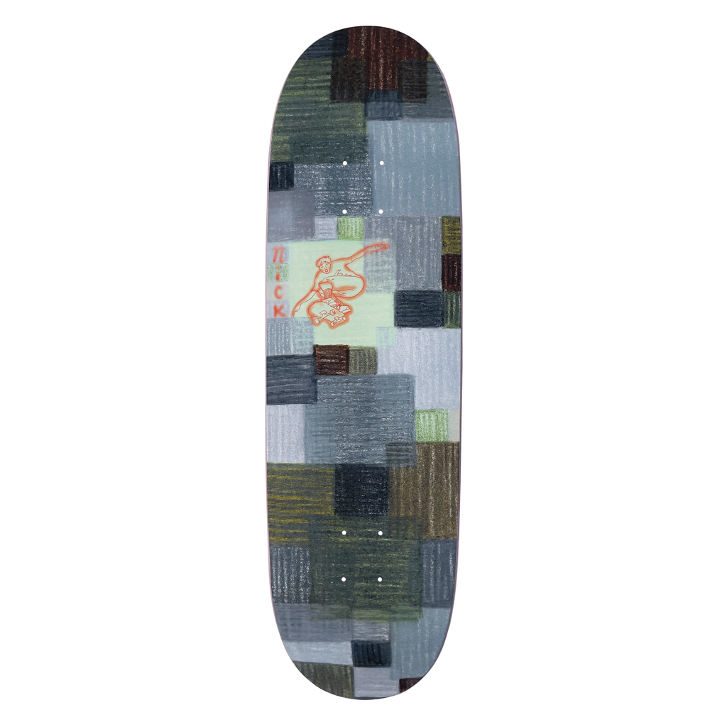 Frog Little Red (Nick Michel) skateboard deck: A patchwork of coloured-pencil rectangles in greys, greens and browns, with a small pale green panel showing an orange outline of a skater mid-trick, with NICK lettered beside it. Shown on a wide shape.