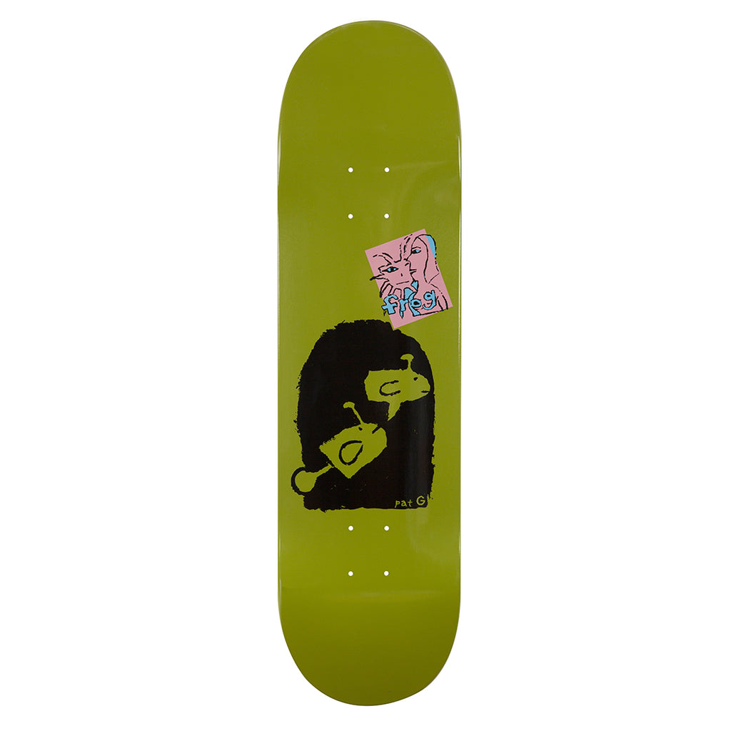 Frog Lonesome Fishes - Pat G skateboard deck: Olive green deck with a black arched shape containing two fish-like heads in green, and a pink sticker-style illustration of two faces with the Frog name in blue. Signed Pat G.