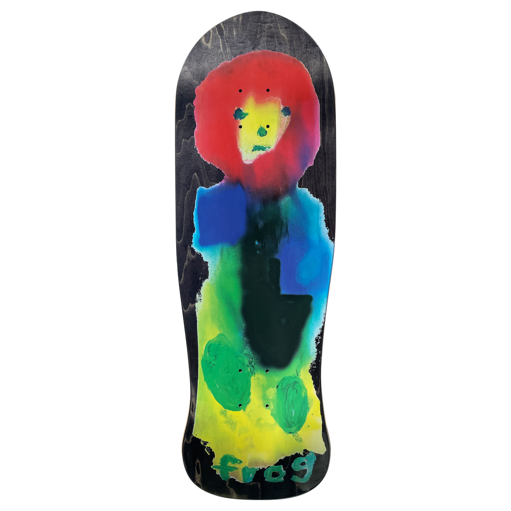 Frog Loomer 9.8 skateboard deck: A naive painted figure with a big red hair shape, a yellow face and a blue, green and yellow body in watery colour washes, on a black-stained old-school shaped deck. Frog is written at the tail in green.