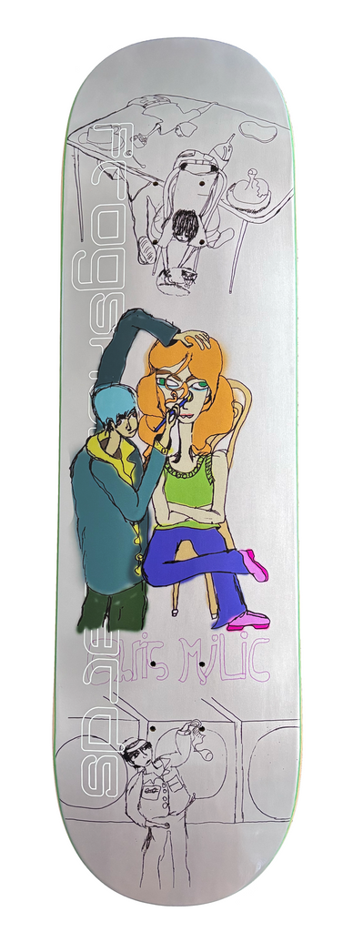Frog Make Up Artist - Chris Milic skateboard deck: Coloured drawing of a person in a teal jacket doing make-up on a seated red-haired person in a green top and purple trousers, on a silver deck. Faint line drawings of a figure at a table sit above and below, with lettering printed upside-down along the side.
