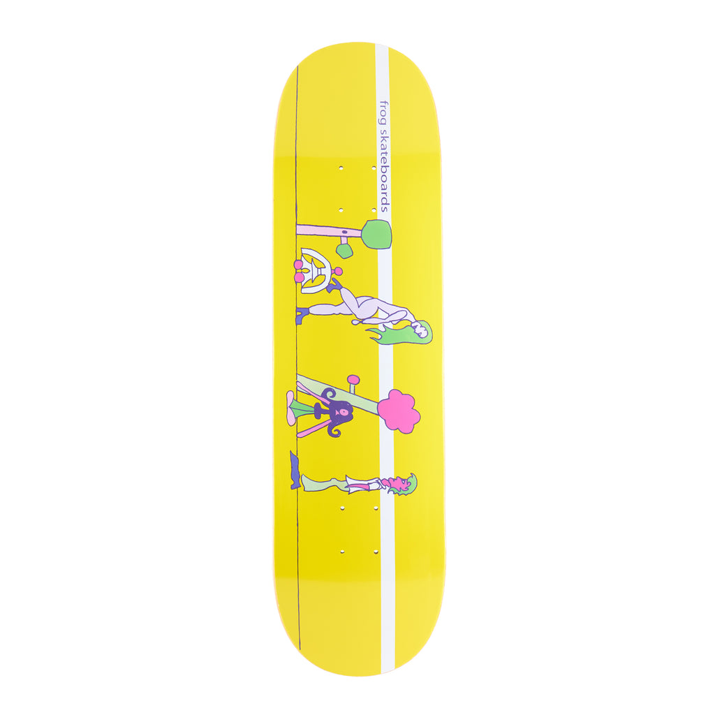 Frog Memories 1000 skateboard deck: Small, flat cartoon figures in a retro style stand along a white vertical stripe on a yellow deck: a pale reclining figure with green hair, a purple-hatted figure and a pink bush. Frog skateboards text runs up the stripe.