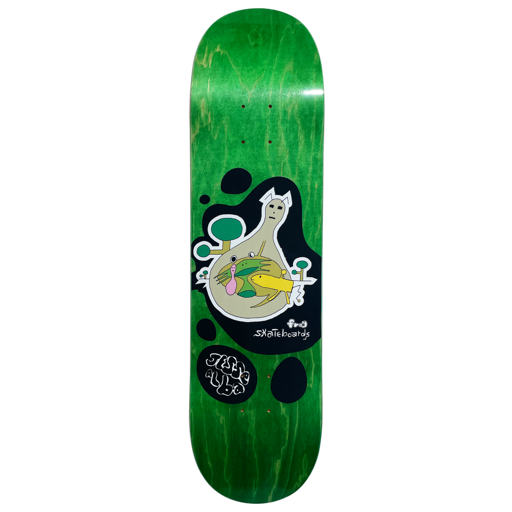 Frog Micro Biome (Jesse Alba) skateboard deck: A pale pear-shaped glass jar with a cat-like head holds a small garden of animals, a frog, fish and plants, inside a black blob shape with trees, on a green stained deck. Brand and rider names in bubble lettering.