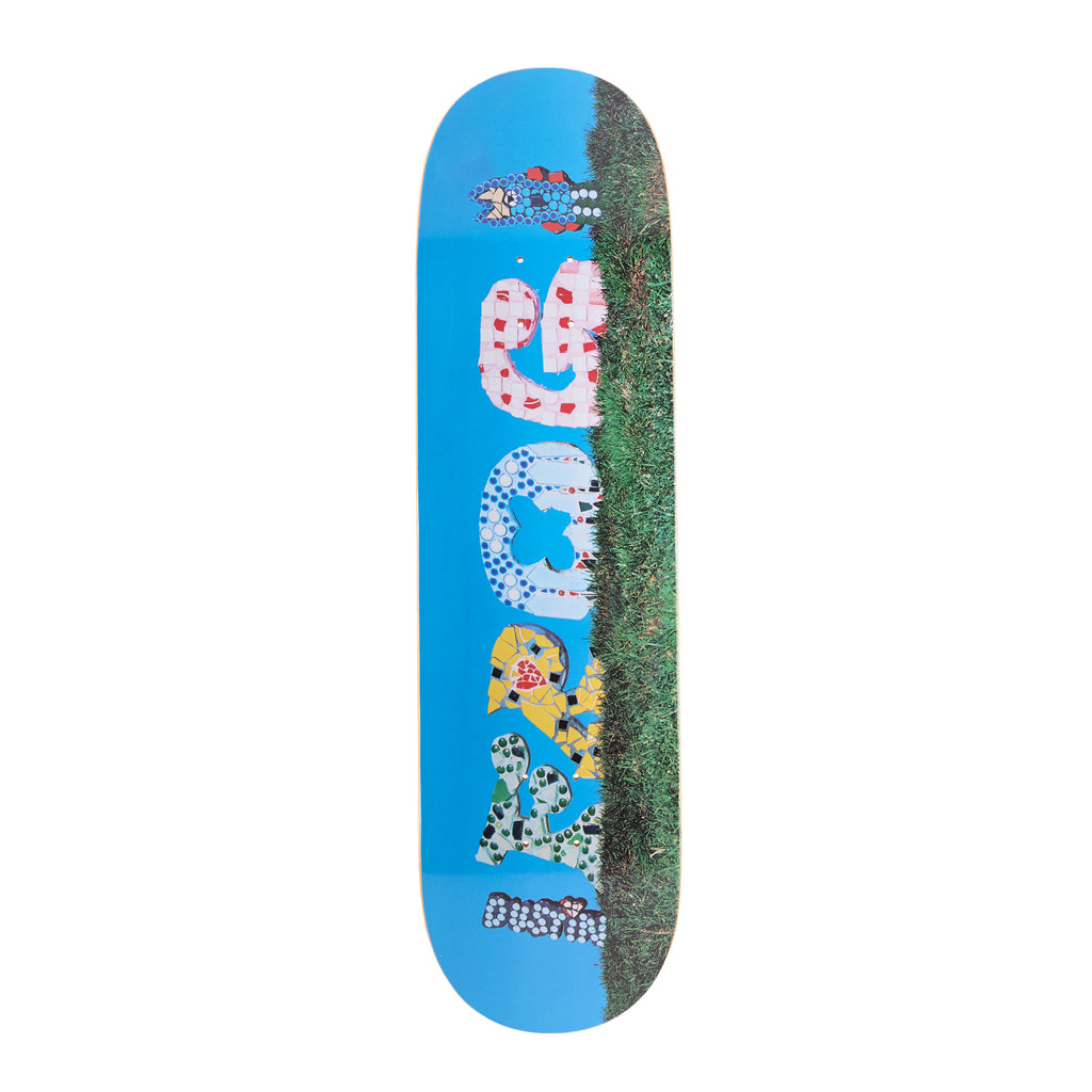 Frog Mosaic (Dustin Henry) skateboard deck: Photo of a grassy bank under a bright blue sky, with the Frog name spelled in colourful mosaic tile lettering on its side and a small mosaic creature at the top. Rider name runs along the bottom.