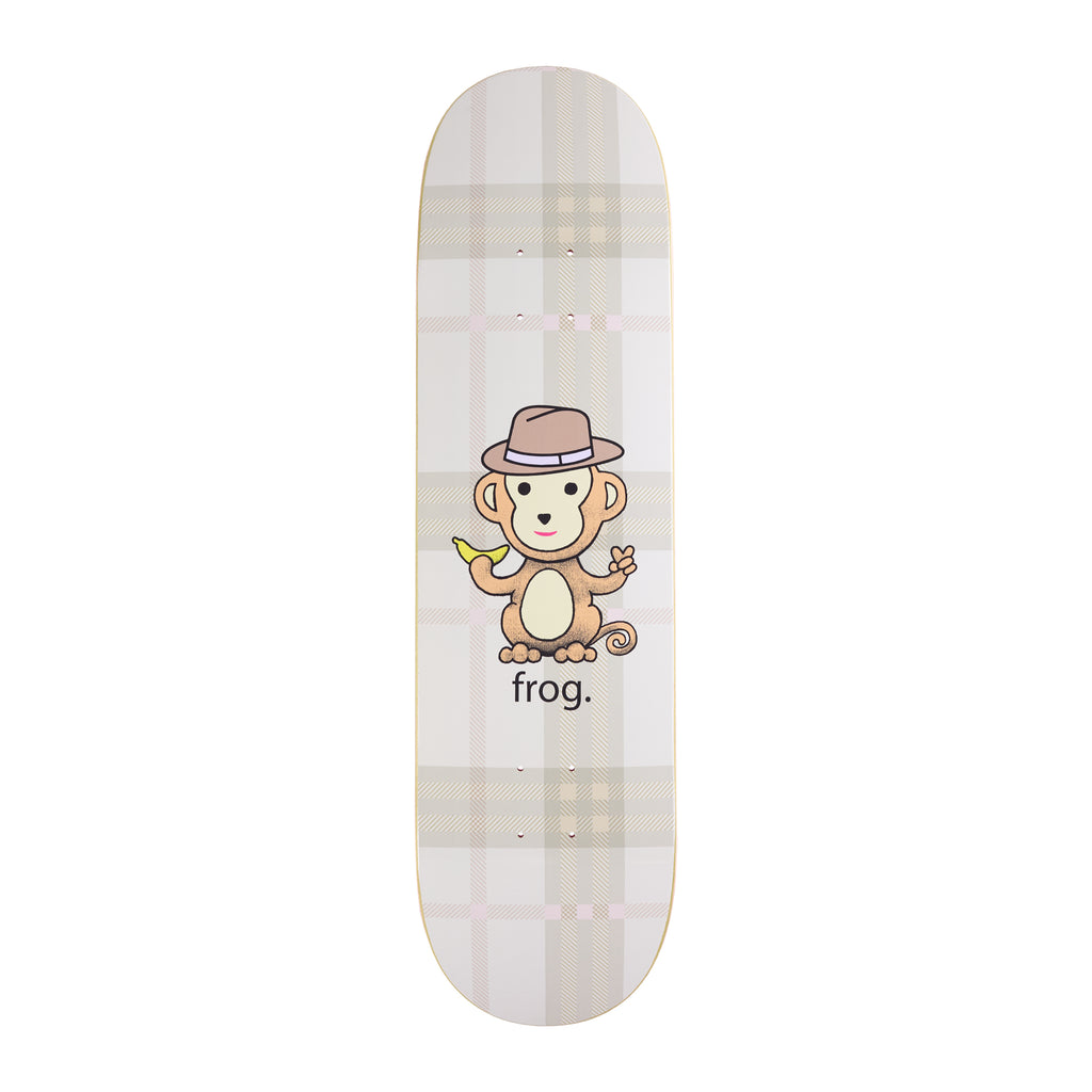 Frog Mr. Mon - kay (Jesse Alba) skateboard deck: Cartoon monkey in a brown fedora holding a banana and making a peace sign, with 'frog.' beneath, on a cream and beige plaid-patterned deck.