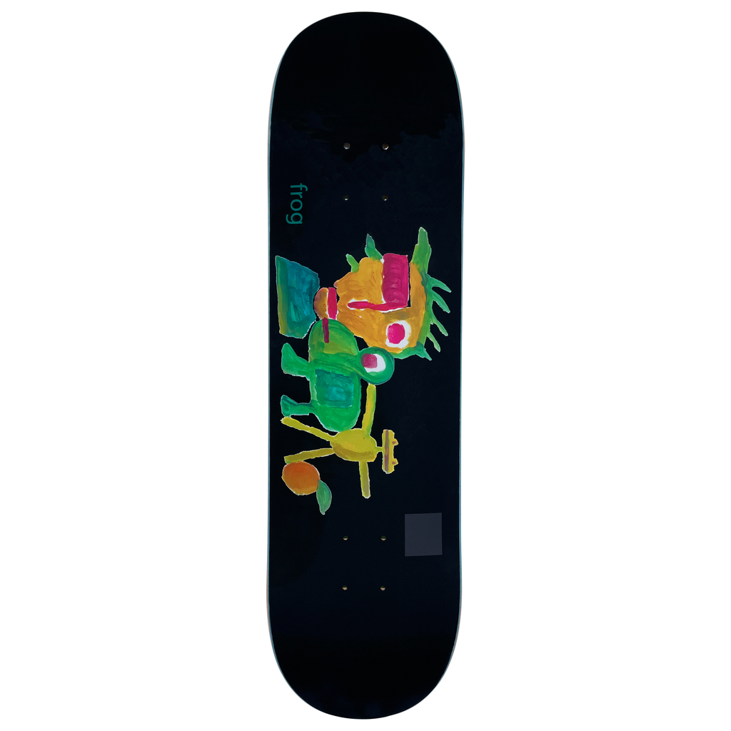 Frog My Painting skateboard deck: A child-like painting in bright colours of a green frog-like creature and an orange face figure, with a small orange fruit, on a black deck. A small lower-case frog logo is on the left and a grey square sits near the tail.