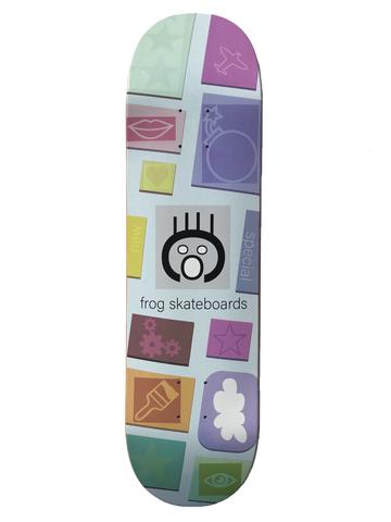 Frog New! Special! 8.25 skateboard deck: Grid of tilted pastel tiles with simple icons such as lips, aeroplane, heart, star, paintbrush, cogs, cloud and eye, around a central grey tile showing the screaming-face logo.