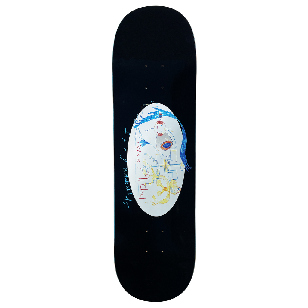 Frog Mysterious Eye (Nick Michel) 8.25 skateboard deck: A childlike drawing in a white oval on a black deck, showing a large eye with long blue hair, a small yellow figure and scribbled lines. Nick Michel and Frog Skateboards are written by hand.