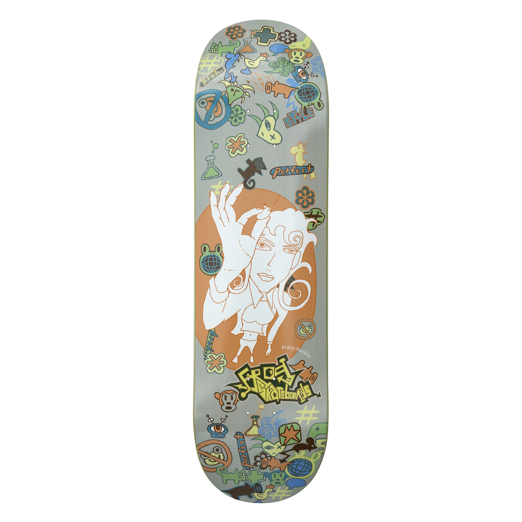 Frog No Frog Zone (Frankie Decker) skateboard deck: Grey deck with a white line drawing of a woman making an 'OK' sign over her eye, on an orange oval, surrounded by a scatter of small icons including monkeys, globes, flowers, no-entry signs and animals. Green and black Frog graffiti-style logo below.