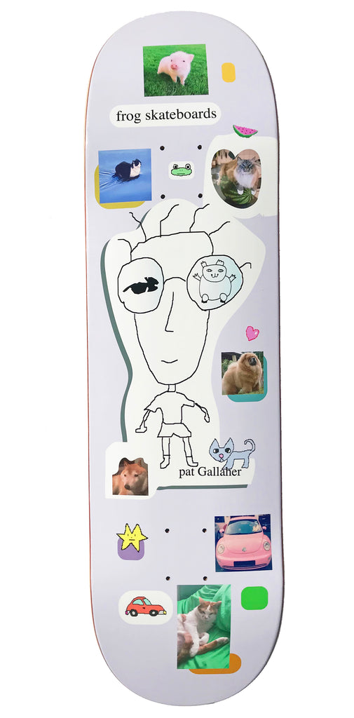 Frog Pat Gallaher Quest for Cuteness 8.6 skateboard deck: Lilac deck covered in a cute collage: a child-like line drawing of a face with sunglasses and a pig-in-a-bubble glasses lens, surrounded by photos of pets, a pink car, a pig, a frog and stickers.
