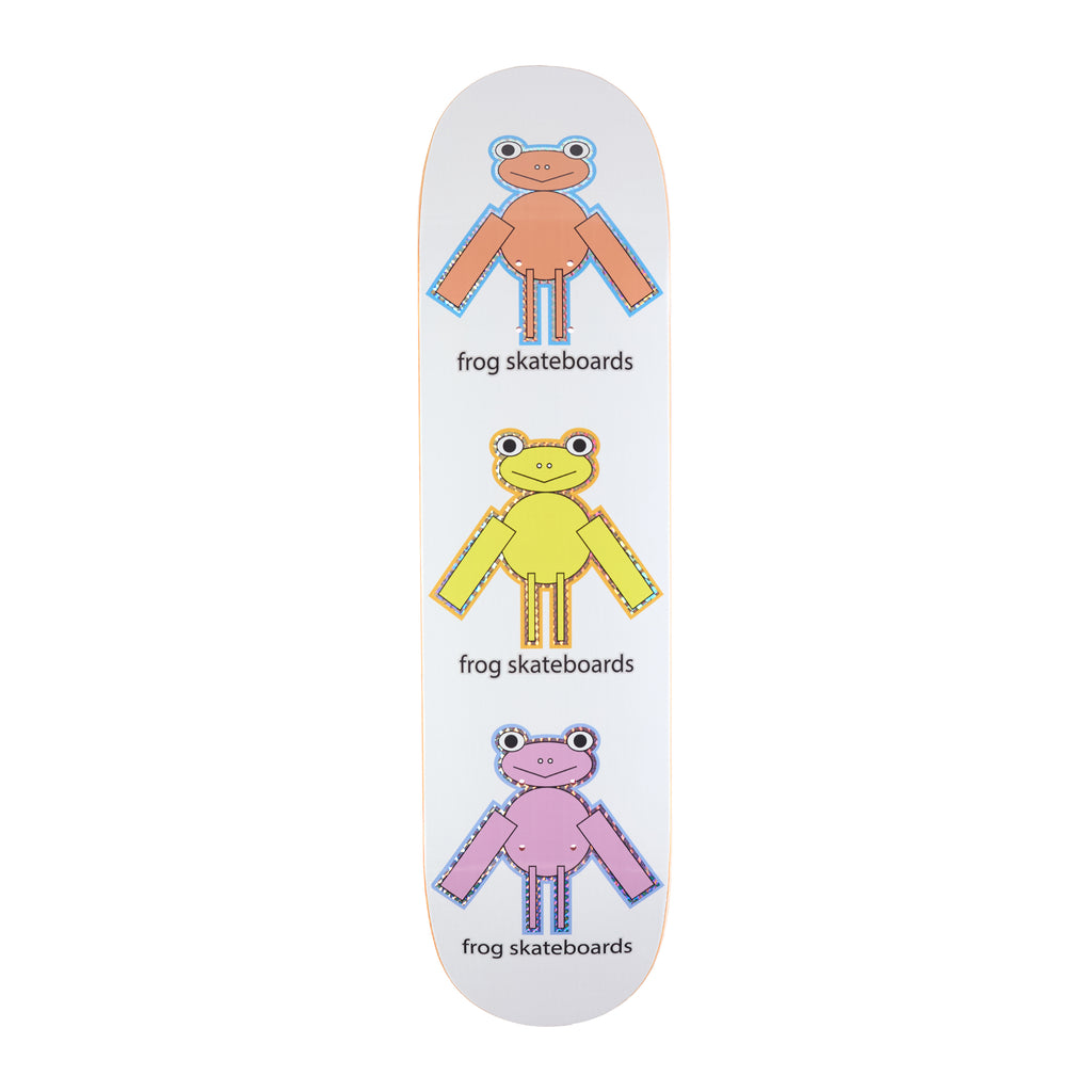 Frog Perfect Frog skateboard deck: Three simple cartoon frogs stacked vertically, each with blocky arms and thin legs, drawn in orange, yellow and pink with dotted outlines, each with the words frog skateboards beneath, on a white deck.