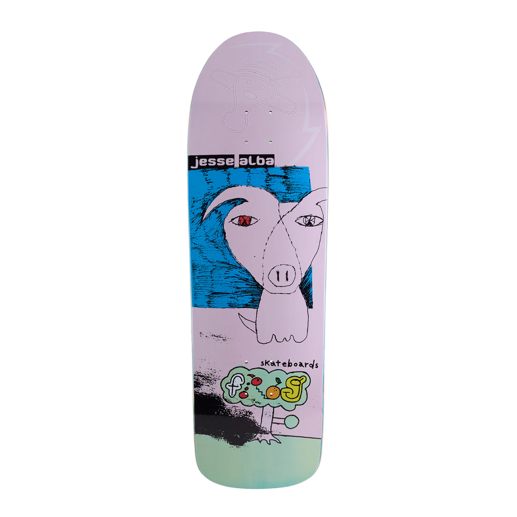 Frog Pig Mode (Jesse Alba) Board skateboard deck: Naive line drawing of a pig-snouted creature with one red eye on a blue scribbled panel, with a small fruit tree and Frog lettering below, on a pale lilac shaped deck with a faint creature outline at the nose.