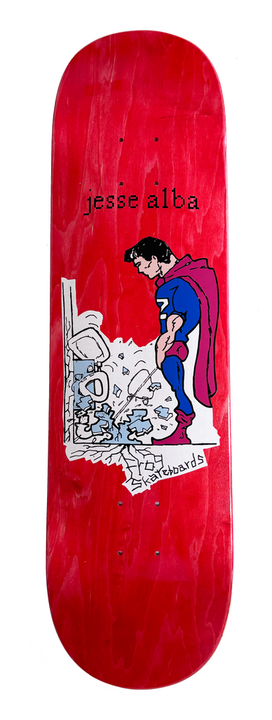 Frog Powerful Stream - Jesse Alba skateboard deck: Comic-style superhero in blue suit and magenta cape standing over a broken white toilet and pipes, urinating. Red stained deck with the rider's name at the top and a small handwritten logo.