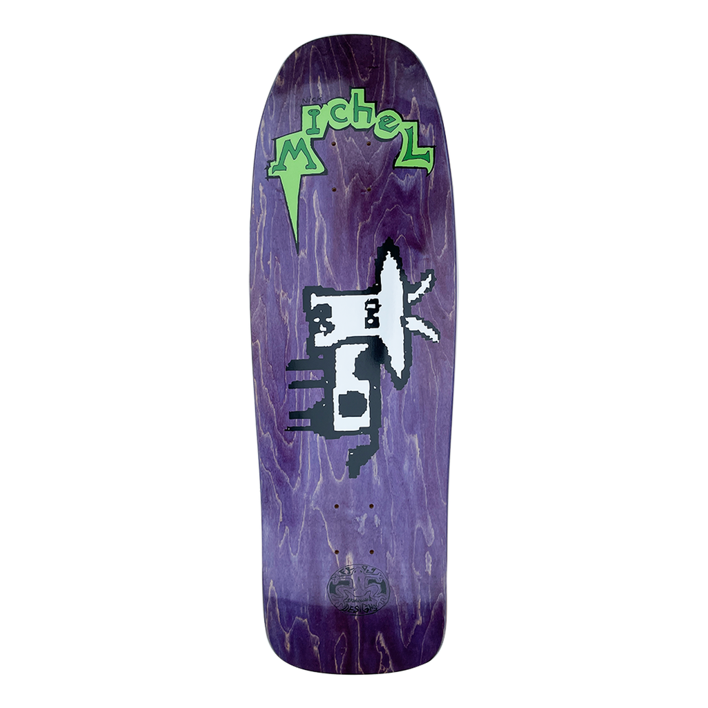 Frog Pure Cow - Michel skateboard deck: A blocky pixel-style black and white cow with horns faces sideways, with the rider's name in jagged lime green lettering arched across the top. A small circular logo sits at the tail on a purple stained old-school shaped deck.