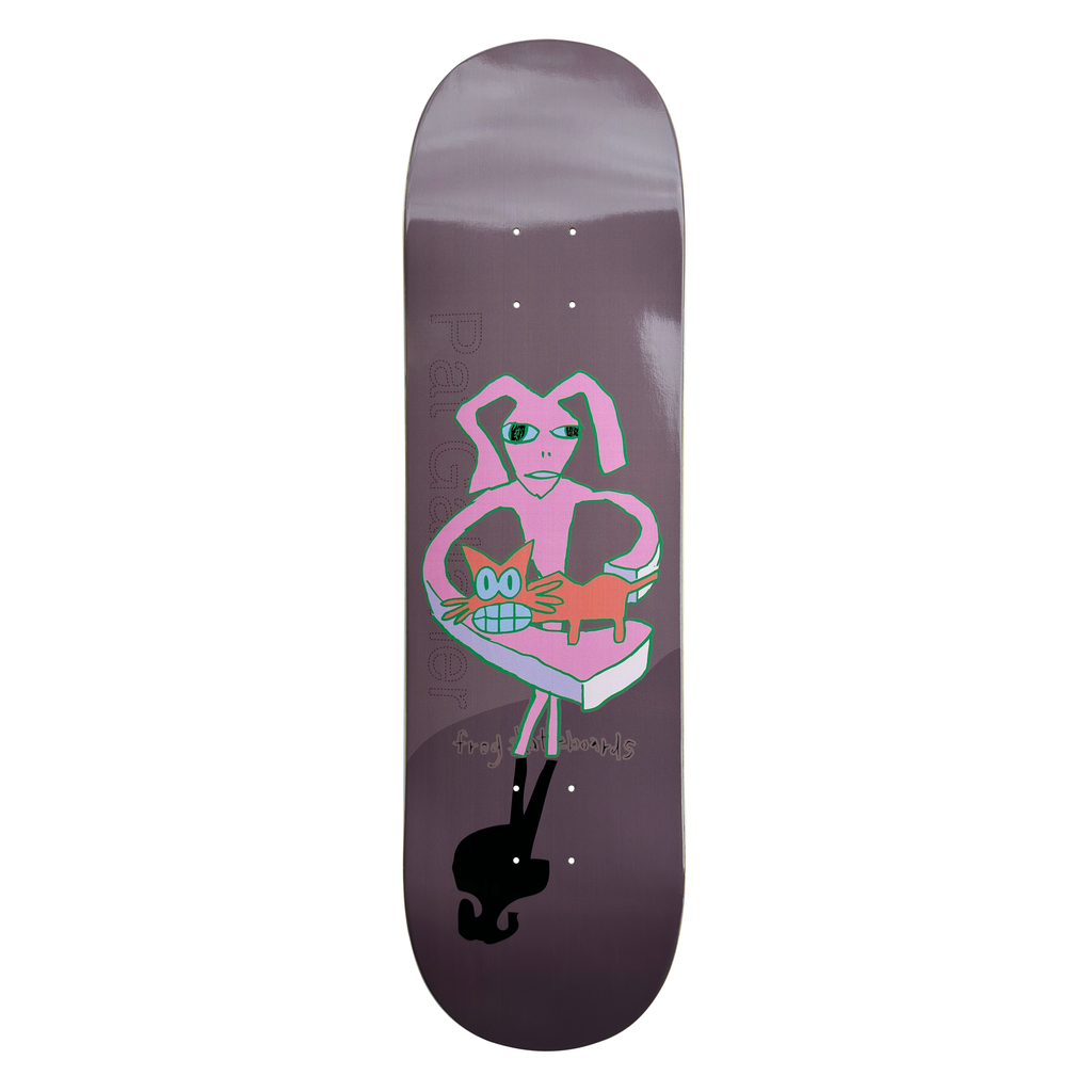 Frog Red Cat (Pat G) skateboard deck: A naive-style pink figure with long bunny-like ears holds a grinning orange cat inside a large ribbon loop, with black legs and a shadow below. Faint vertical name lettering runs down the left on a dusky purple-grey deck.