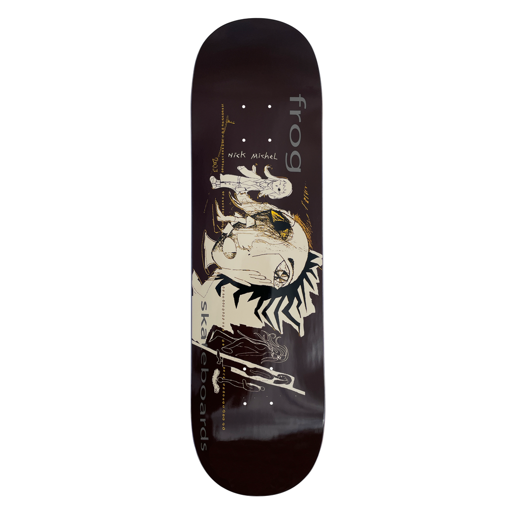 Frog Screamers (Nick Michel) skateboard deck: Dark maroon deck with a sketchy line-drawn scene of figures and a large cream face with jagged black hair, with fine dotted lines and small gold details. Frog skateboards is printed in grey along the edge.