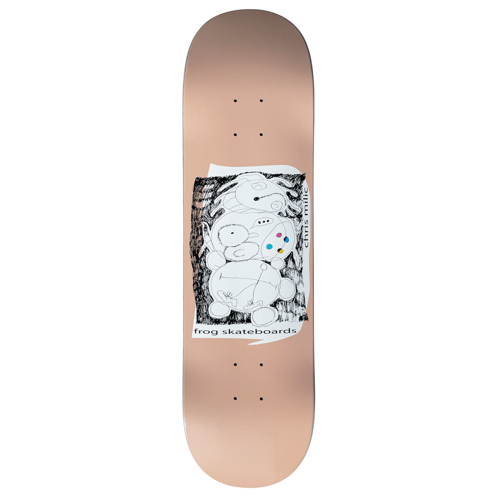 Frog Secret Room (Chris Milic) 8.38 skateboard deck: Loose black and white ink drawing of stacked, rounded white creatures with small colour dots, framed in a ragged white panel on a metallic peach deck. Rider name runs up the side of the panel and the brand name sits beneath.