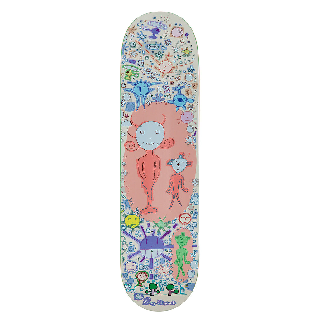 Frog Sensational! (Beige) skateboard deck: Naive child-like drawing of a pink-skinned figure with a pale blue head beside a smaller figure on a pink oval, surrounded by tiny suns, flowers, faces and bubbles in pastel colours on a beige deck.