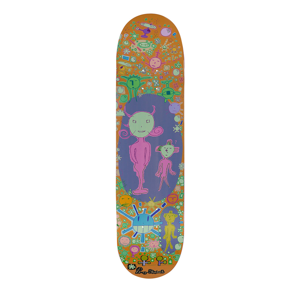 Frog Sensational! (Orange) skateboard deck: Orange deck covered in naive, childlike drawings: a large green-faced pink figure with a smaller figure inside a purple oval, ringed by small colourful faces, suns, flowers and planets. A small signature sits at the bottom.