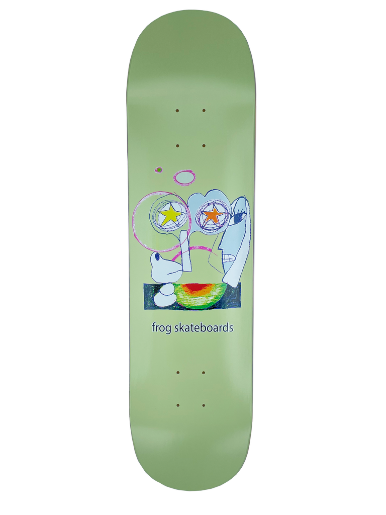 Frog Senseless 8.0 skateboard deck: Naive, scribbled drawing on a pale green deck: a blue-white face in profile with star-filled circles as eyes, a hand, and a red, yellow and green blob beneath. Frog skateboards lettering below.