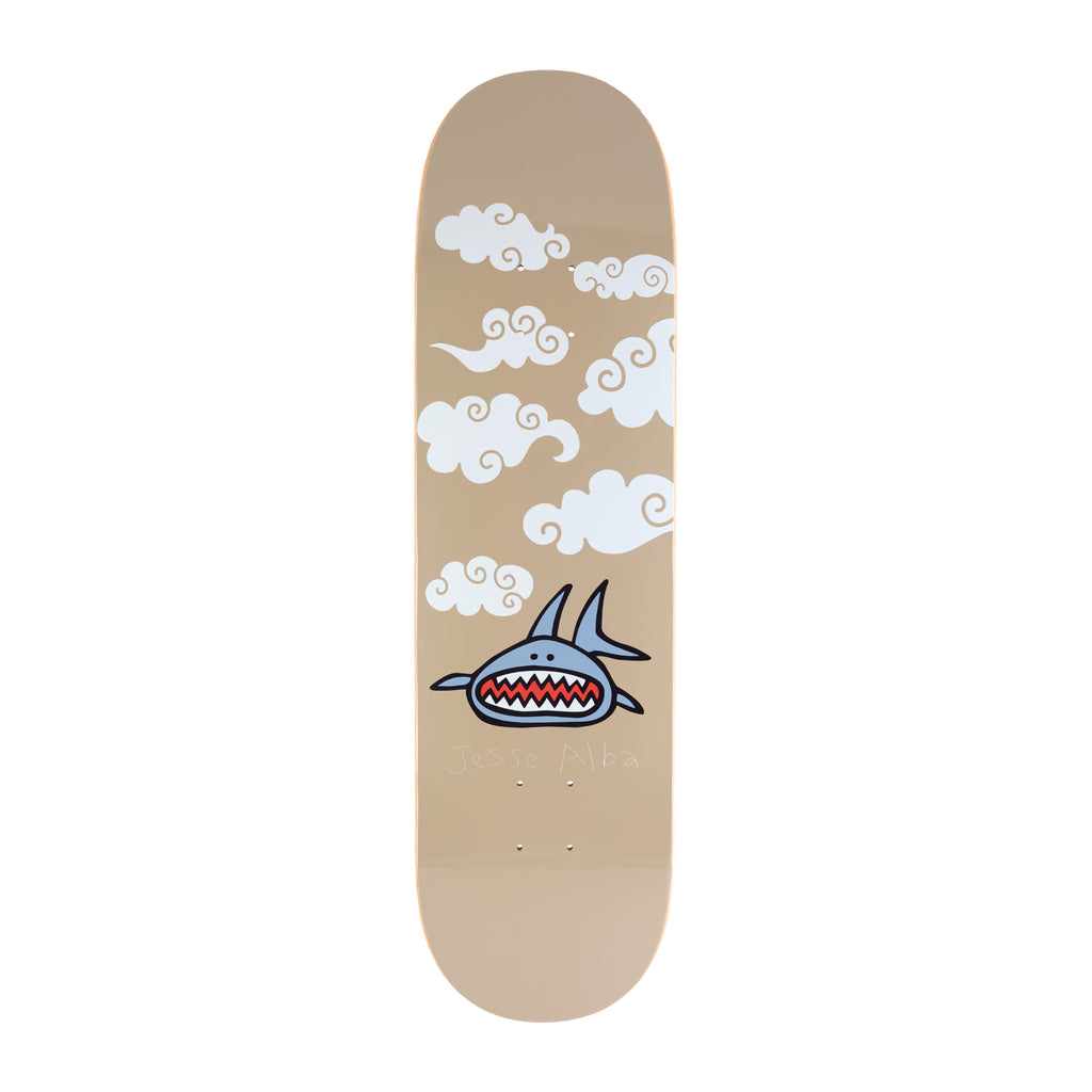 Frog Shark (Jesse Alba) skateboard deck: A simple cartoon shark with a wide zigzag-toothed mouth swims below a scattering of white swirly clouds on a tan deck, with a faint rider name written near the shark.