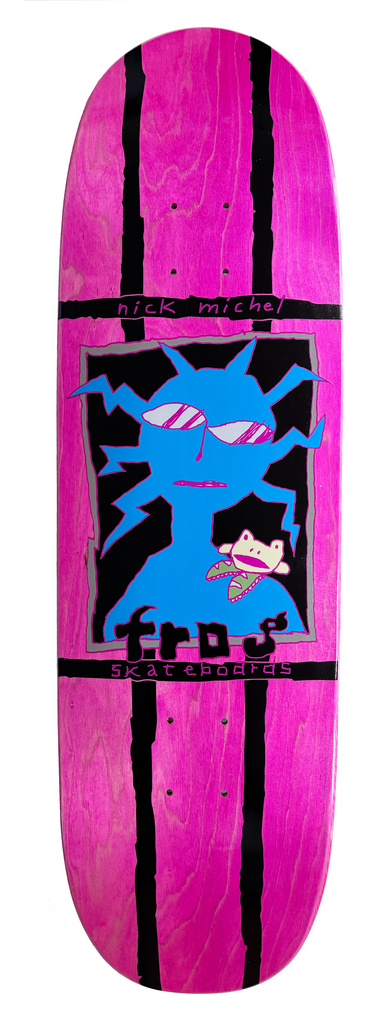 Frog Shoulder Frog - Nick Michel skateboard deck: Blue spiky-haired figure in pink sunglasses in a framed black panel, with a small frog character on its shoulder. Frog logo and rider name above and below, with black vertical stripes on a pink stained deck.