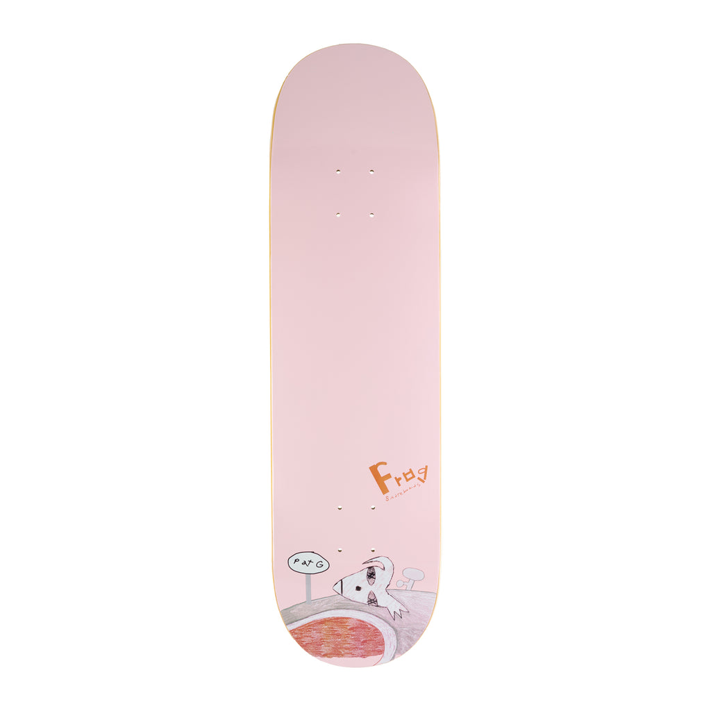 Frog Technique (Pat G) skateboard deck: Plain pale pink deck with a small orange Frog logo and a naive drawing of a white creature lying on a hill beside a sign marked 'Pat G' near the tail.
