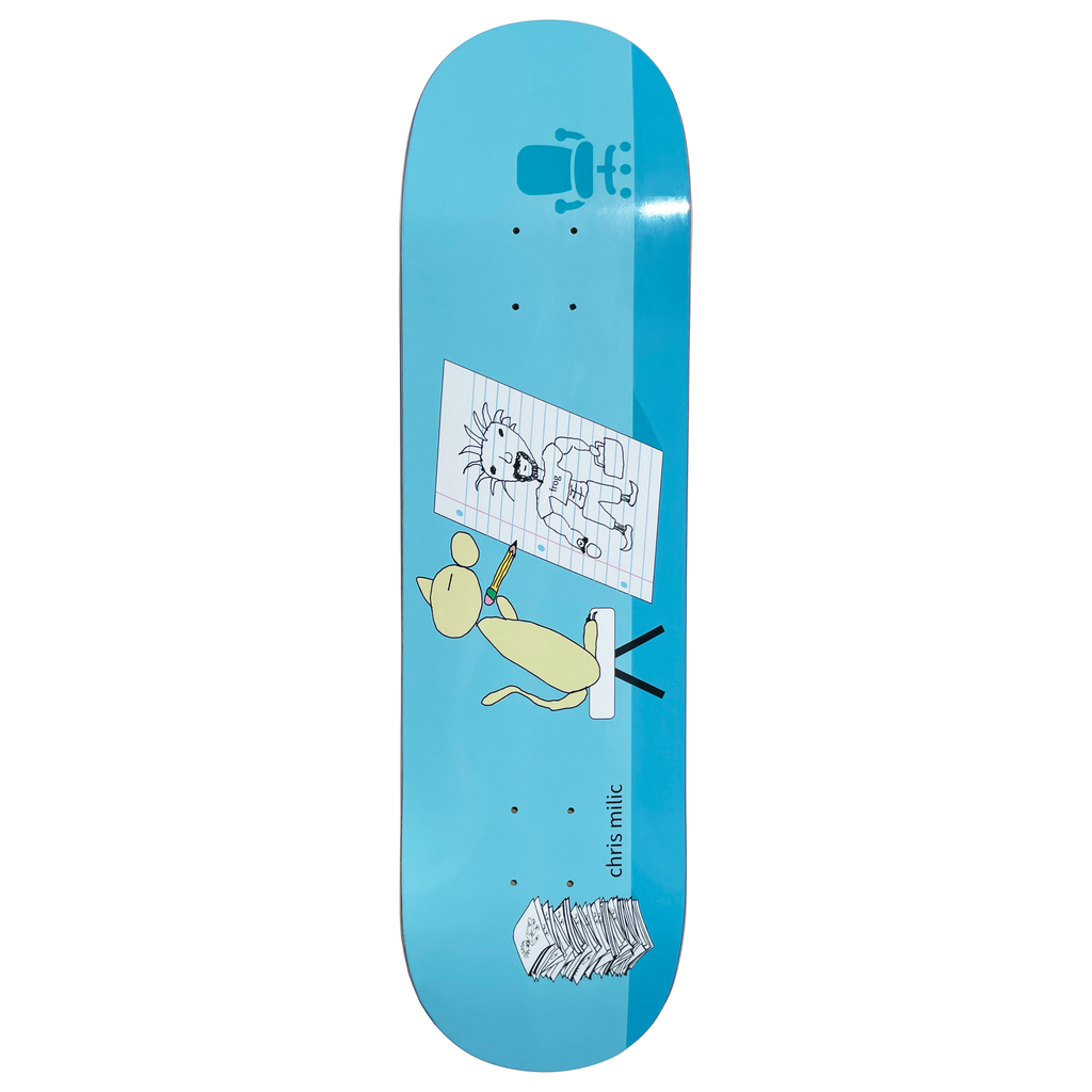 Frog The Artist (Chris Milic) skateboard deck: Pale blue deck showing a cartoon cat holding a pencil, drawing a shaggy-haired figure on a sheet of lined paper, with a stack of drawings at the tail and a small chair-like logo at the top.