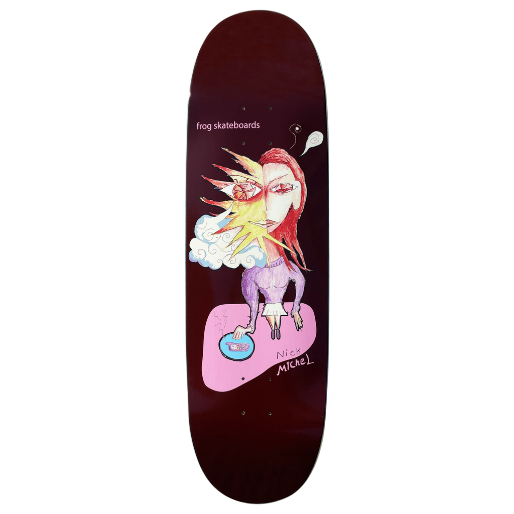 Frog The Distraction (Nick Michel) W25 skateboard deck: A naive, hand-drawn figure of a woman in a purple jumper with a red-haired head half-exploding into a yellow starburst, with a cloud and a thought bubble. She presses a button on a pink table. Frog Skateboards and the artist's name are handwritten on a dark maroon deck.