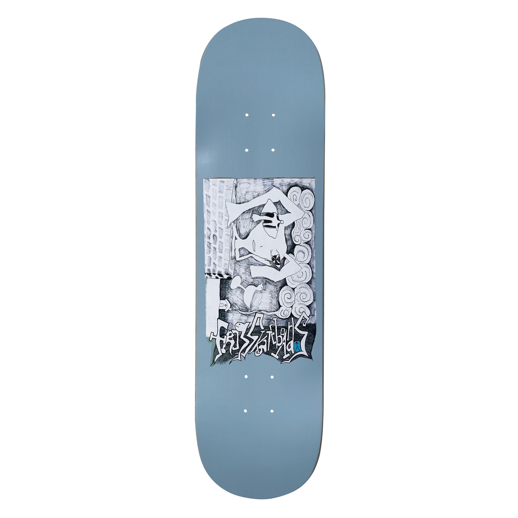 Frog Thinking... skateboard deck: Blue-grey deck with a black and white pen drawing panel of an odd figure with cloud-like swirls beside a brick wall, with spiky graffiti-style lettering beneath.