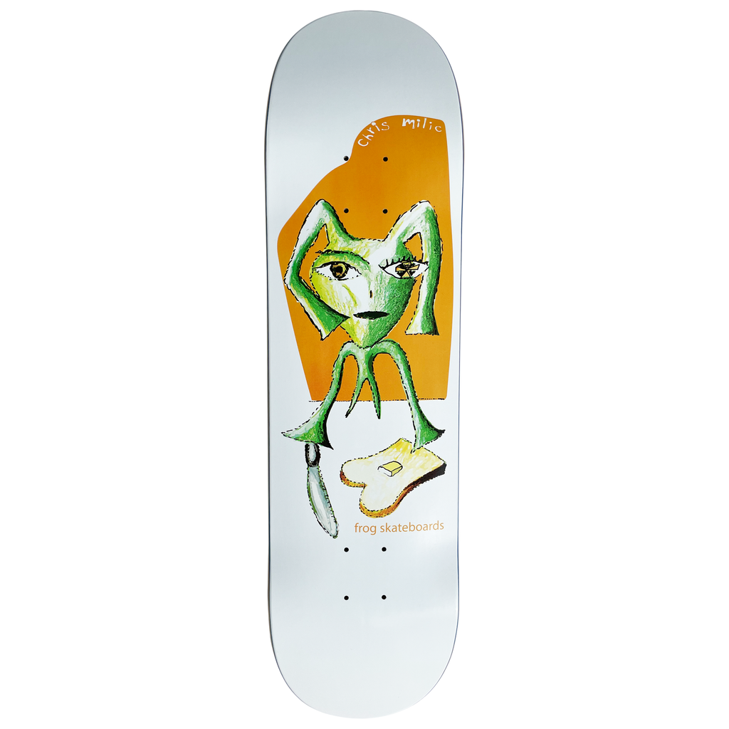 Frog Toast (Chris Milic) 8.38 skateboard deck: Naive painted green figure with an angular face and spindly limbs, sitting before a slice of buttered toast and a knife, against an orange panel on a white deck. Rider's name above and 'frog skateboards' below.