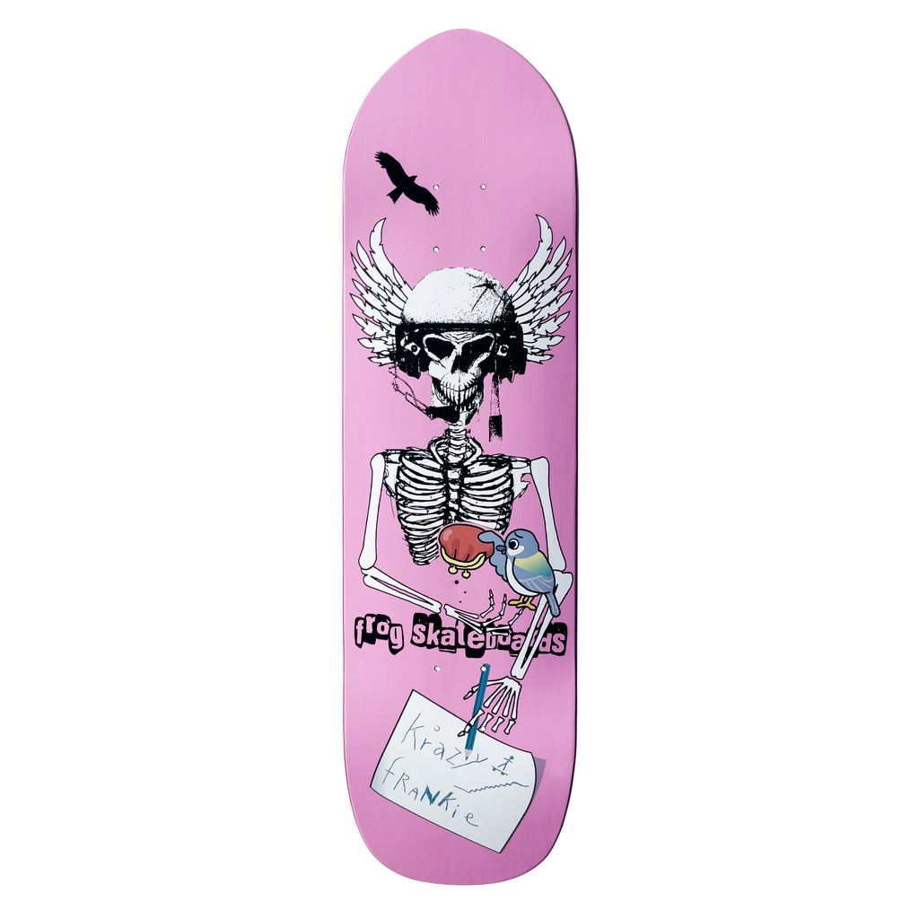 Frog Twisted Pilot (Frankie Decker) skateboard deck: A winged skeleton in a pilot's helmet and headset, with a heart in its rib cage and a blue bird perched on its arm, writing a handwritten note signed Krazy Frankie. A black bird flies above on a pink deck.