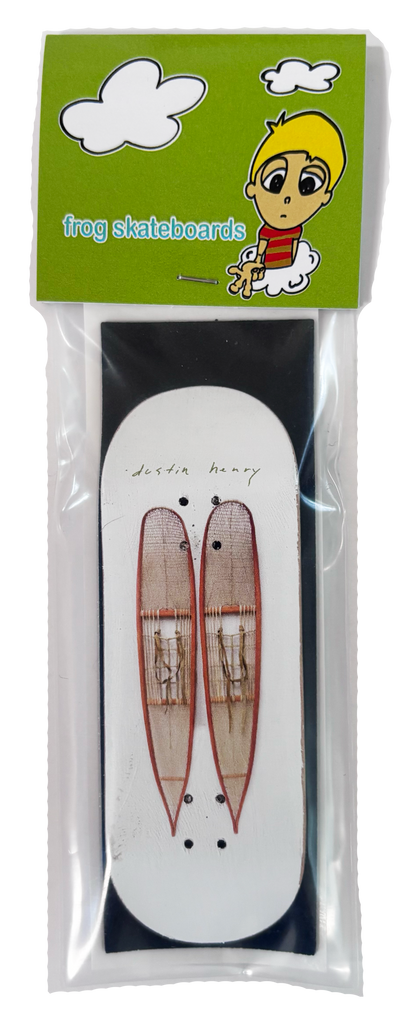 Frog Uncle (Dustin Henry) Fingerboard - 34 MM skateboard deck: Fingerboard in packaging, white deck with two hand-drawn red-framed snowshoes and handwritten 'dustin henry' at the nose. Card header shows a cartoon boy and Frog Skateboards in green.