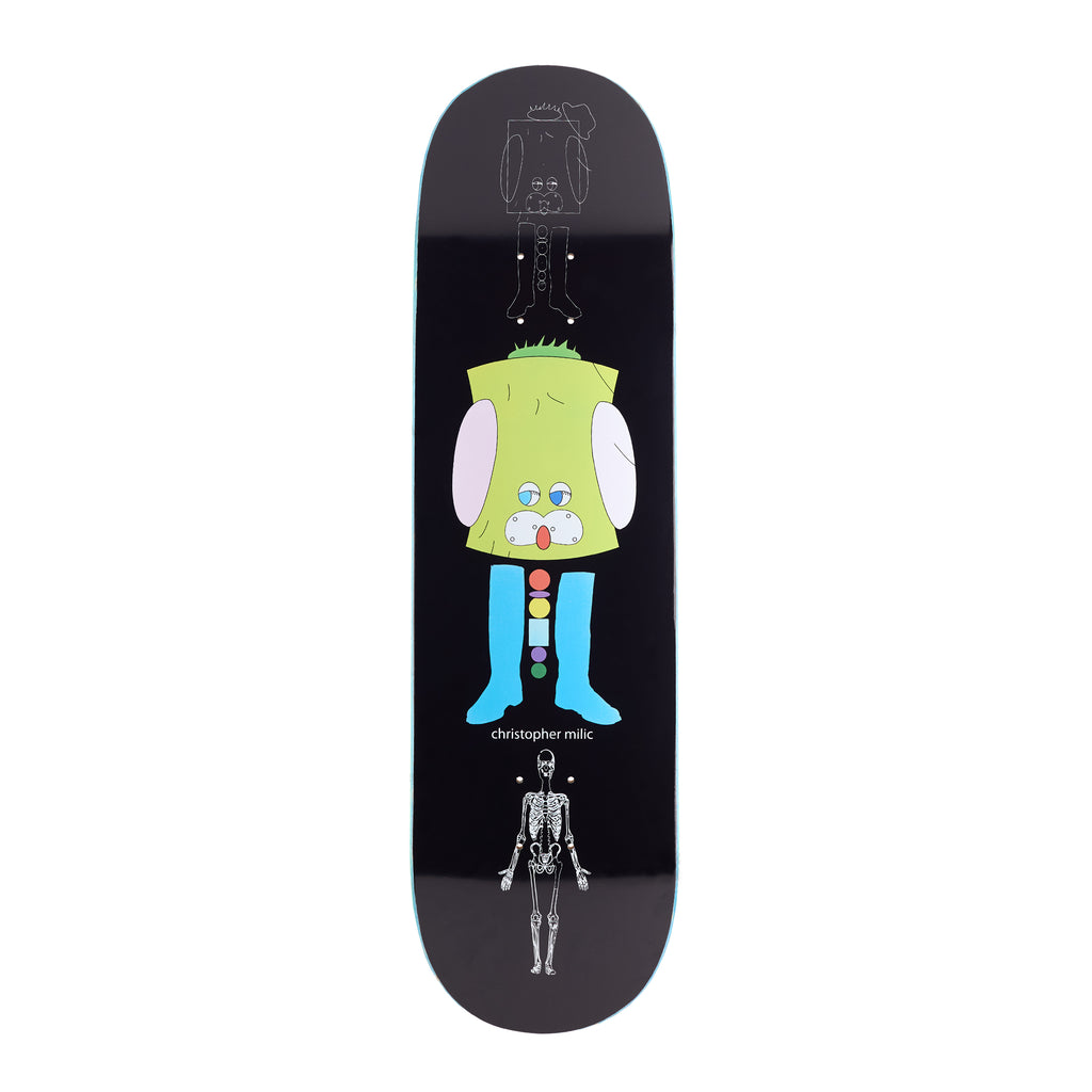 Frog Vector World (Chris Milic) skateboard deck: Naive cartoon figure with a green body, pink ears, a surprised face and blue boots, standing between a faint line-drawn figure above and an X-ray skeleton below, on black. Small coloured dots run down its middle.