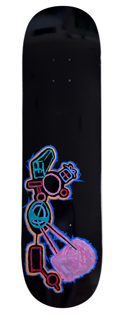 Frog X - ploding Joy skateboard deck: A rough, painted neon-outlined contraption of boxes, circles and rods linked together, ending in a pink fuzzy blob, on a black deck.