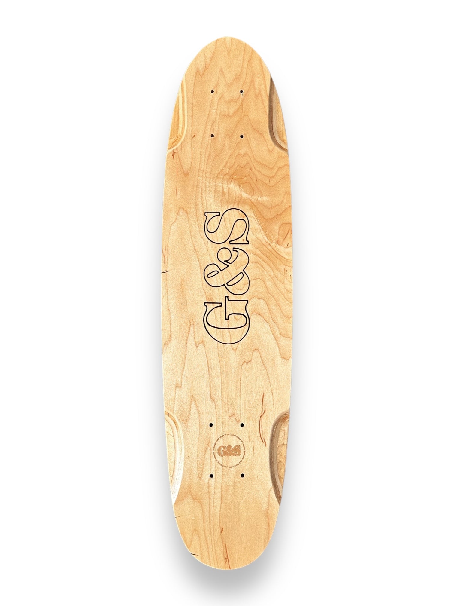 G&S 29 G&S Warp 2 Roundtail - Natural Wood skateboard deck: A natural maple wood deck with a black outlined G&S logo set vertically and a small round G&S logo near the tail. Roundtail cruiser shape with wheel cut-outs.