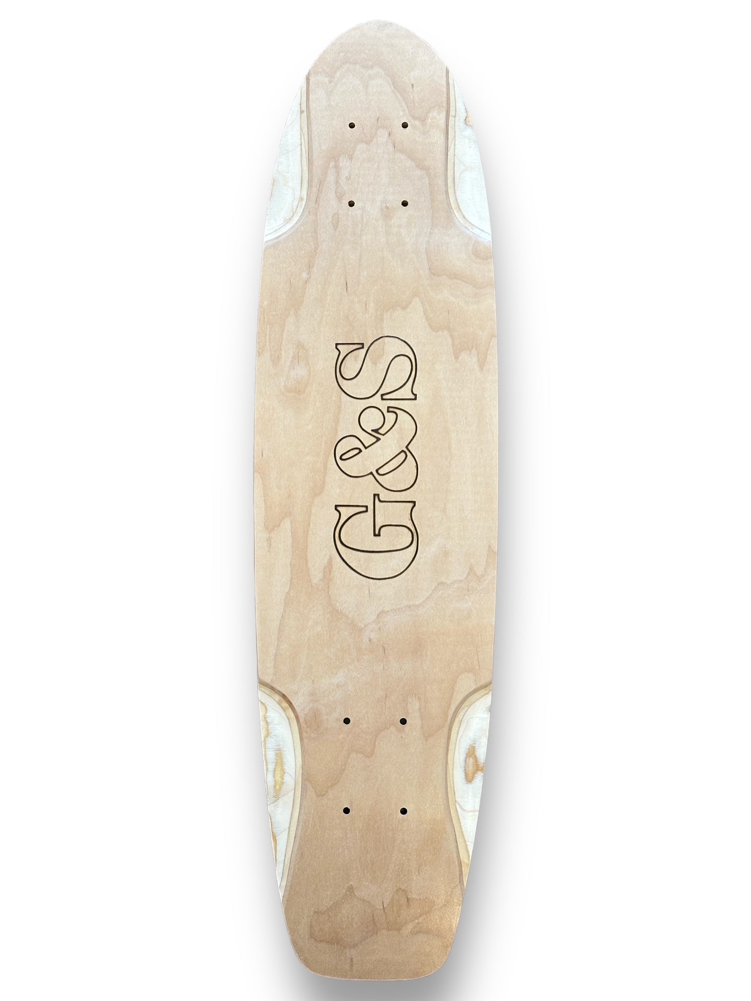 G&S 29 G&S KT - 4 Squaretail Flat Kick - Natural Wood skateboard deck: Natural wood squaretail cruiser shape with a large outlined G&S logo in a serif ampersand style stacked vertically along the centre. Shows white wood inserts at the nose and tail corners.