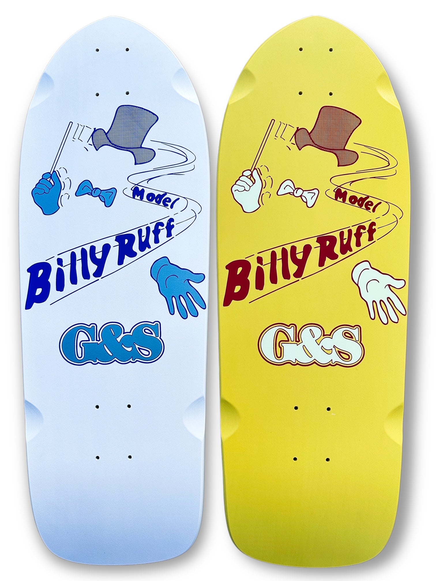 G&S Billy Ruff Invisible Magician skateboard deck: Old-school shaped deck showing a magician's top hat, bow tie, wand and white-gloved hands drifting along a looping swirl line, with 'Model Billy Ruff' and G&S logo. Shown in white and yellow versions with matching colour-shifted ink.