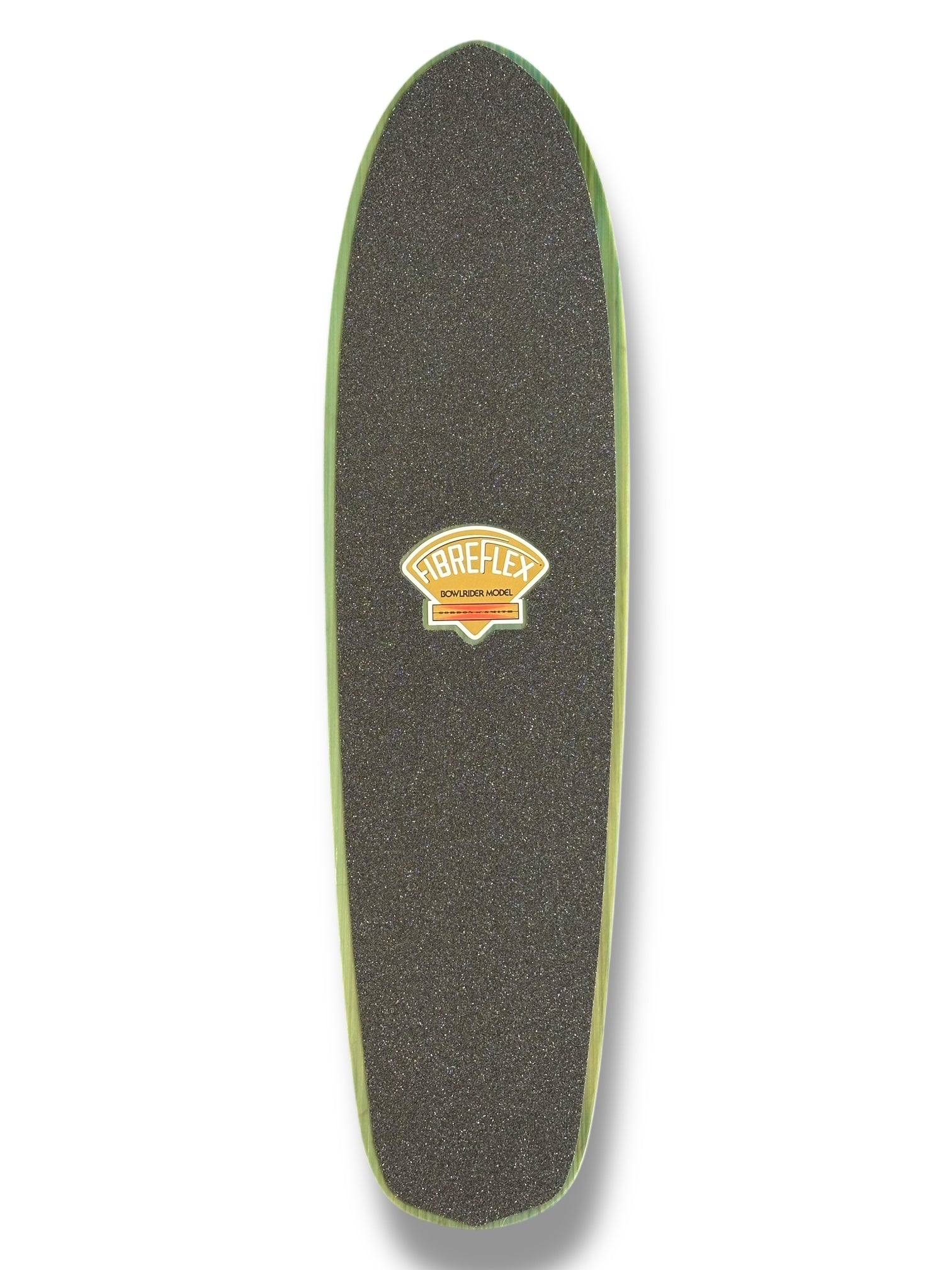 G&S FibreFlex - 26 Pro Slalom Model - Blue Stripe skateboard deck: The photo shows the griptaped top of a narrow slalom deck with a small orange and yellow fan-shaped Fibreflex Dowlrider Model logo in the centre. No printed bottom graphic is visible.