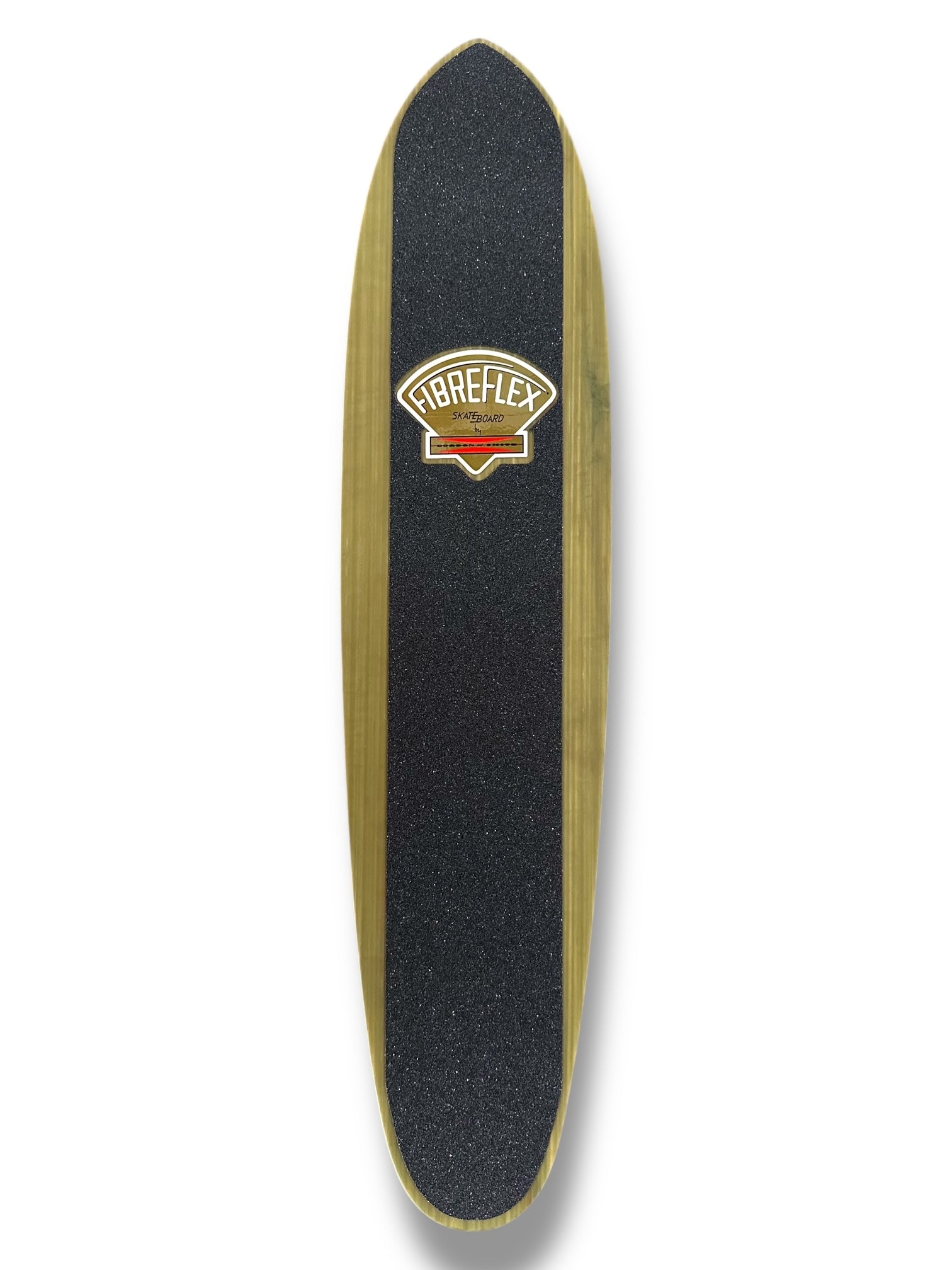 G&S FibreFlex - 28 Classic Slalom Model - Olive Stripe skateboard deck: Long, narrow slalom-style deck with black grip tape and natural wood edges showing an olive green stripe. A gold and red Fibreflex Skateboard badge shaped like a fan sits near the top.
