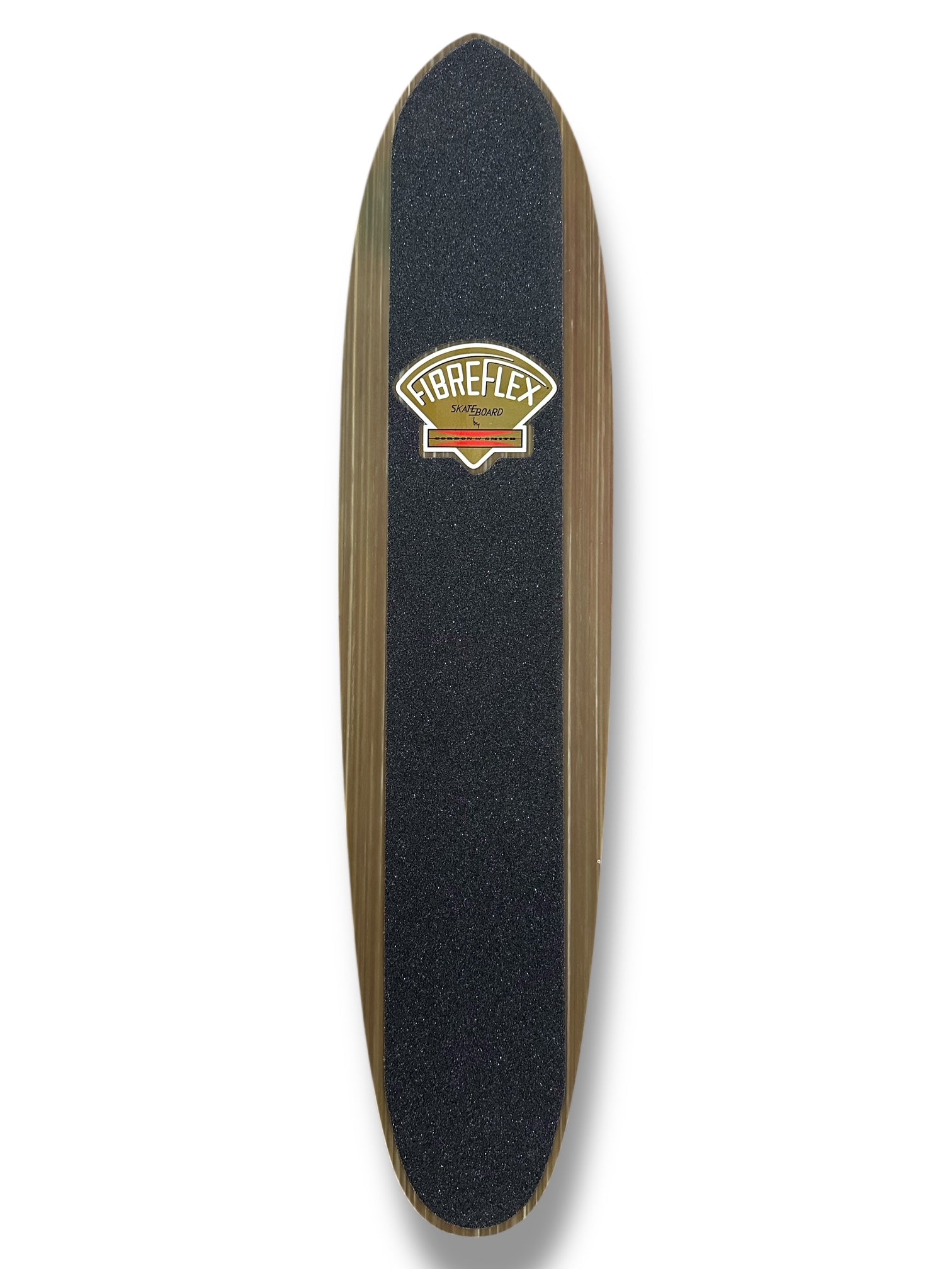 G&S FibreFlex - 28 Classic Slalom Model - Slate Brown Stripe skateboard deck: Narrow slalom-shaped deck seen from above with black griptape and a small Fibreflex fan-shaped logo badge, with striped brown wood edges visible either side.
