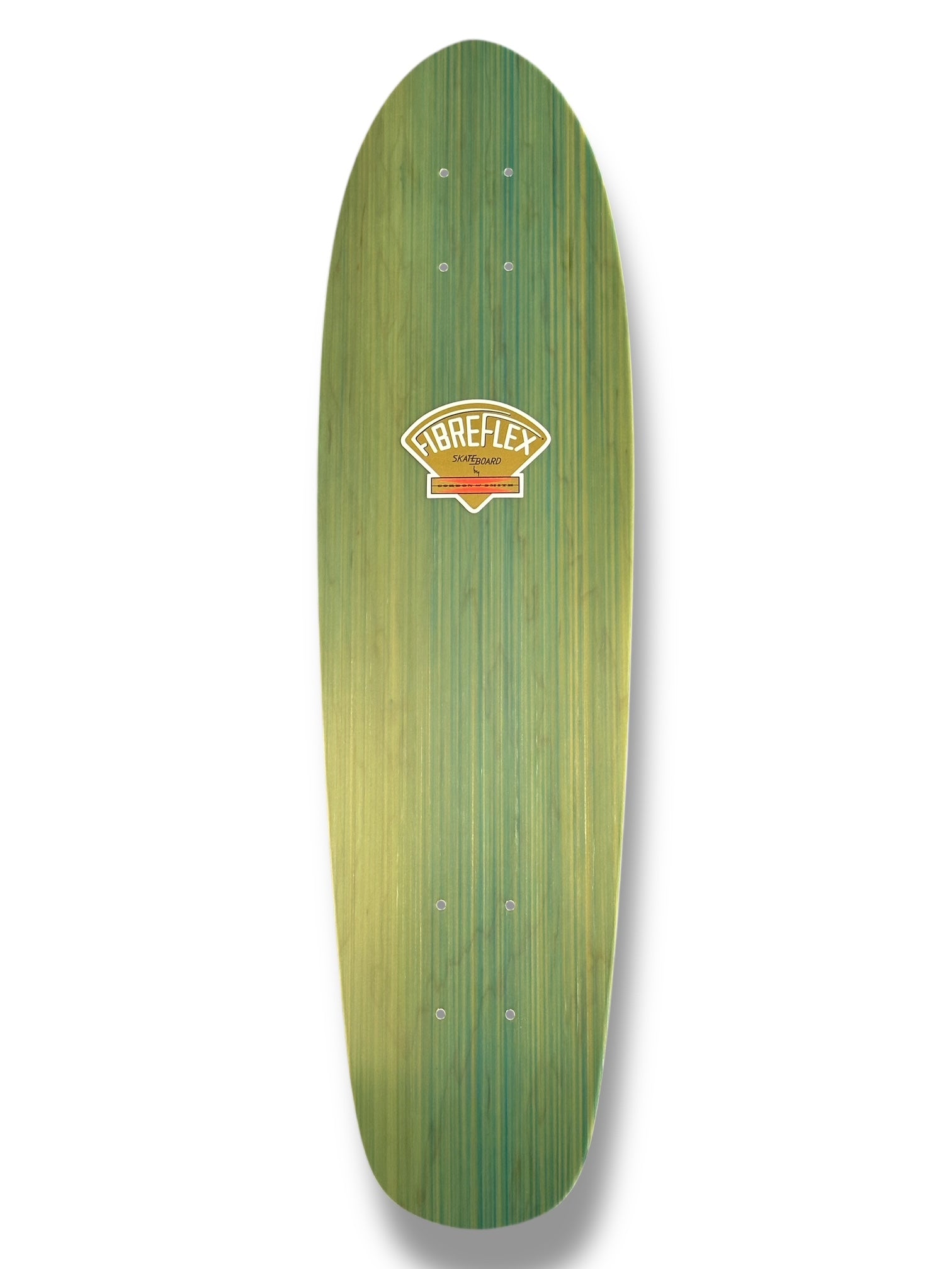 G&S Fibreflex BowlRider - Blue Stripe skateboard deck: Bare striped green and yellow laminate on a retro cruiser shape, with only a small fan-shaped Fibreflex badge in cream and orange near the top. No other graphic.