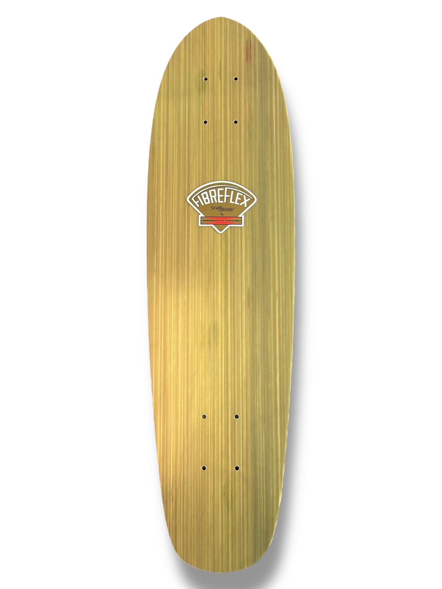 G&S Fibreflex BowlRider - Olive Stripe skateboard deck: Cruiser-shaped deck in natural wood veneer with fine olive-green vertical stripes. A small white and red fan-shaped Fibreflex logo is printed at the centre.