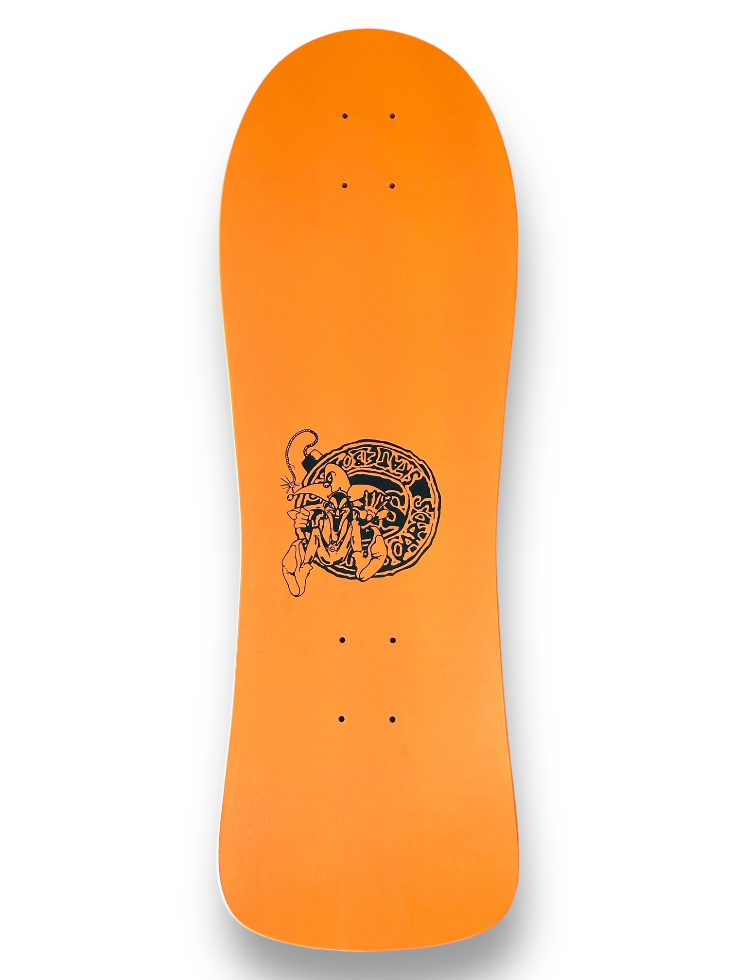G&S Fibreflex BowlRider - Orange skateboard deck: Black line drawing of a jester holding a stick in a circular emblem with lettering round the edge, placed low on a plain orange old-school shaped deck.