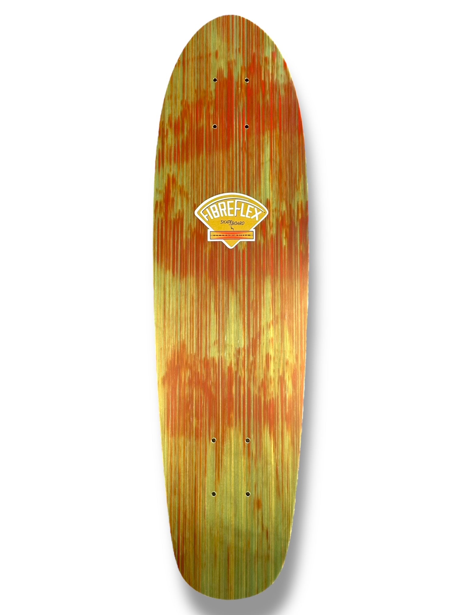 G&S Fibreflex BowlRider - Red/ Green skateboard deck: Cruiser-shaped deck with a streaky red and green stained finish showing the fibre layers, and a cream and orange fan-shaped Fibreflex Skateboard logo near the top.