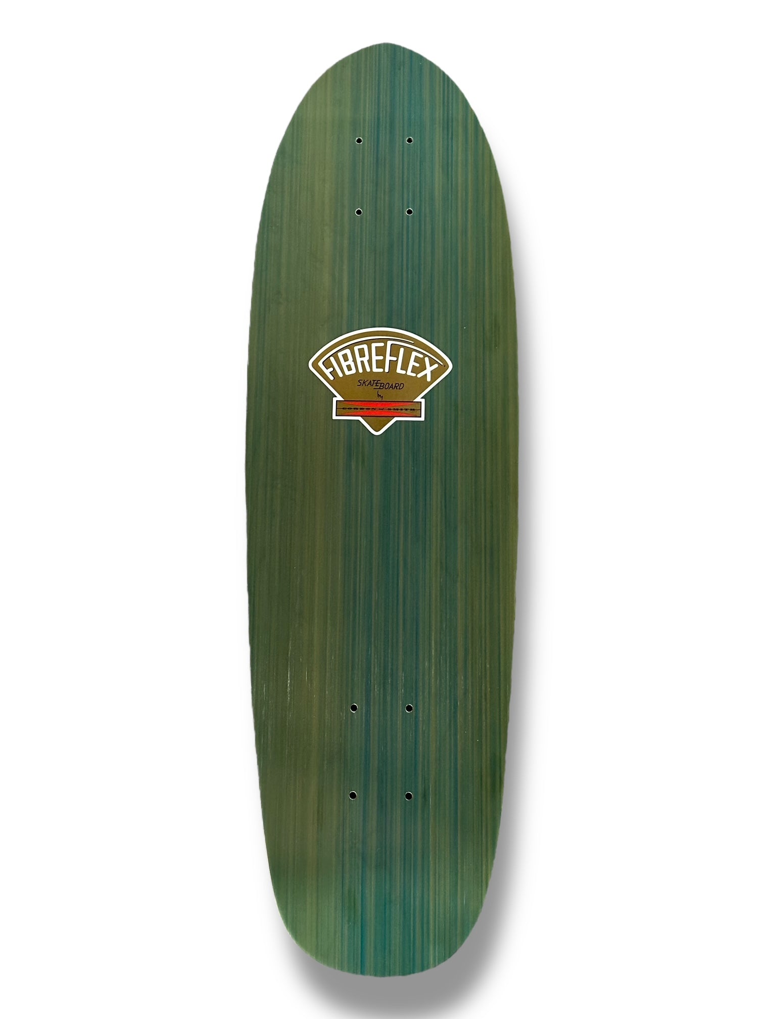 G&S Fibreflex BowlRider XL - Blue Stripe skateboard deck: Plain fibreglass-laminate deck with blue and green stripes of visible wood grain, a wide rounded cruiser shape, and a small gold Fibreflex logo badge in the centre.