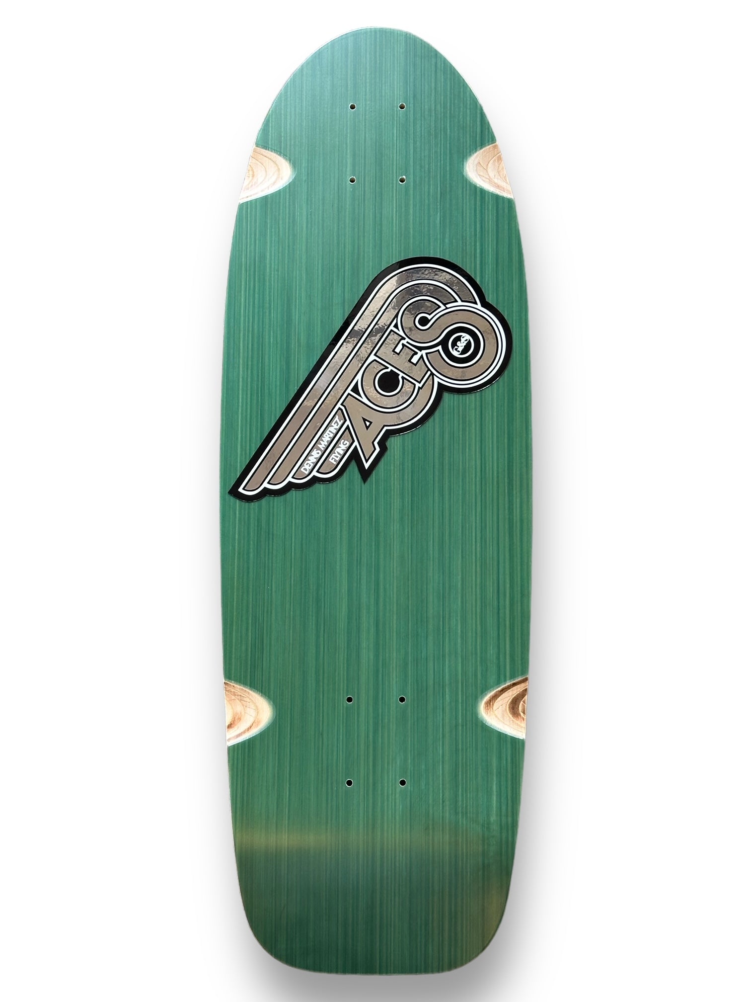 G&S Fibreflex Dennis Martinezs Flying Aces - Green Stripe skateboard deck: Green-stained old-school shaped deck with a large silver and black winged 'Aces' logo across the upper half, with a smaller name line beneath. Natural wood shows at the wheel-well cut-outs.