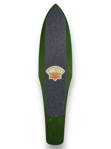 G&S FibreFlex Henry Hester Signature Model - Solid Green skateboard deck: Plain dark green pointed-nose cruiser-style deck with a black grip panel and a small gold and red Fibreflex signature model badge in the middle. No other artwork.