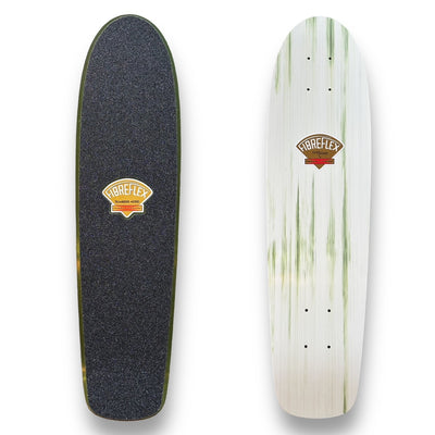G&S Fibreflex TeamRider - 2 Tone - Green Top + Green Abstract Bottom skateboard deck: Cruiser-shaped deck shown from both sides: black grip tape with an orange and brown Fibreflex badge on top, and a white underside with soft green streaks and the same badge.