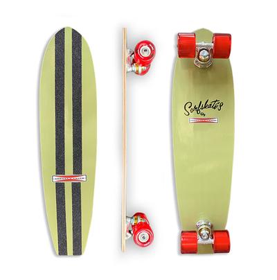 G&S modified 60s SurfSkate - 25 Olive Green skateboard deck: A small olive green surf-style board with two black grip tape stripes on top, red wheels, and a small plate logo. The underside has Surfskates script and a red and white label. Top, side and underside are shown.