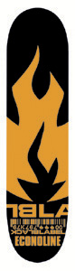Black Label Chopped Flame skateboard deck: A large orange flame silhouette on a black deck with Black Label letters cut into the base, a barcode and the word Econoline beneath.